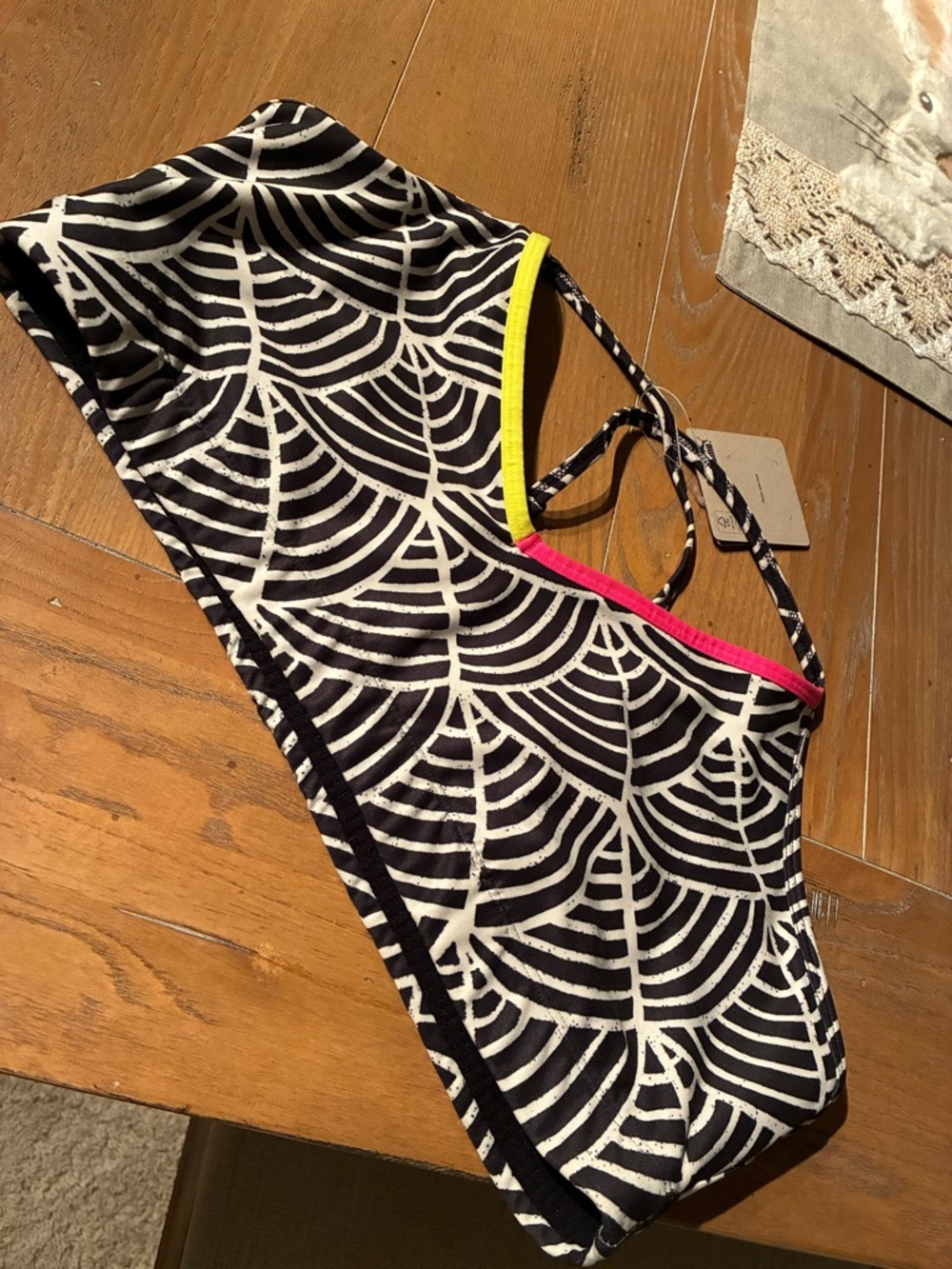 Black & White Geometric Sports Bra with Neon Trim